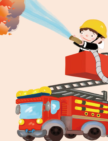 Coloring book or page of fire truck cartoon with fireman spraying water hose to burning house stock...