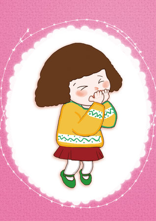 Illustration of a cute little girl with long brown hair wearing a green sweaterの写真素材