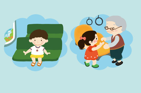Grandmother and granddaughter sitting on sofa. Vector illustration in flat styleの写真素材