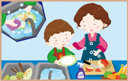 Illustration of a Mother and Son Washing their Hands in the Kitchenの写真素材