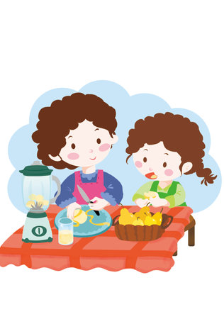 Mother and daughter having breakfast together in the kitchen, vector illustration.の写真素材