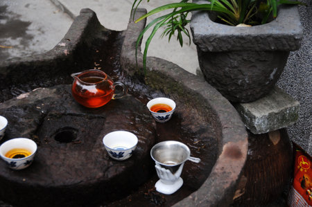 tea ceremony in the old town of Hanoi, Vietnamの写真素材