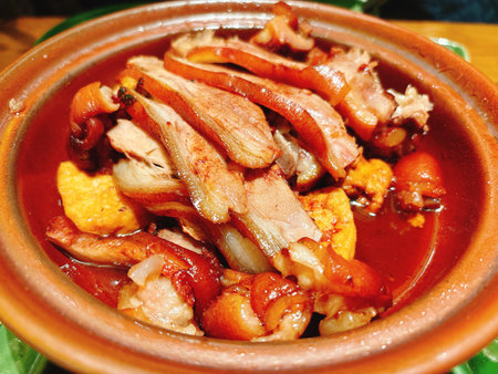 Chinese cuisine, roast duck in a clay pot, close-upの写真素材