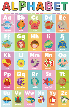 Alphabet abc education game for children with cute animals vector illustrationのイラスト素材