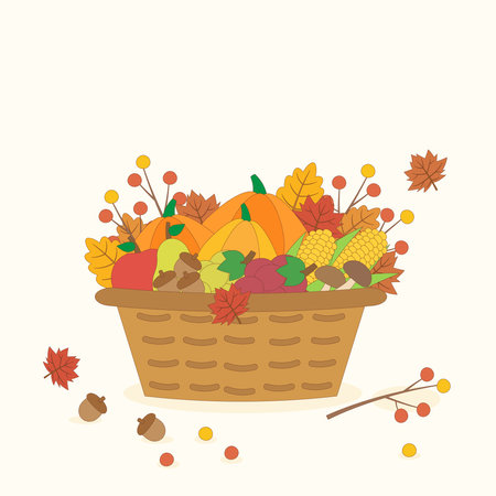 basket of fruits with maple leaves in autumn season, vector illustrationのイラスト素材