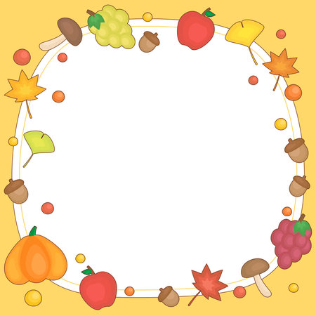 bunch of cute harvests mushrooms and acorns in fall season theme frame, vector illustrationのイラスト素材