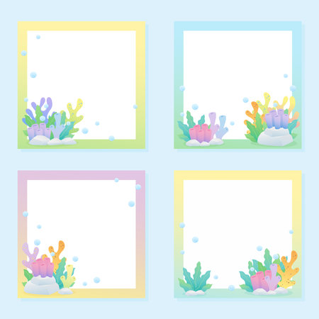 set of four notepads with dreamy various reef under the ocean theme, vector illustrationのイラスト素材