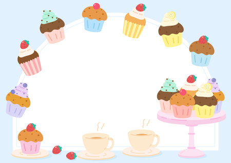 lets have a delicious cupcake party with a cup of tea, vector illustrationのイラスト素材