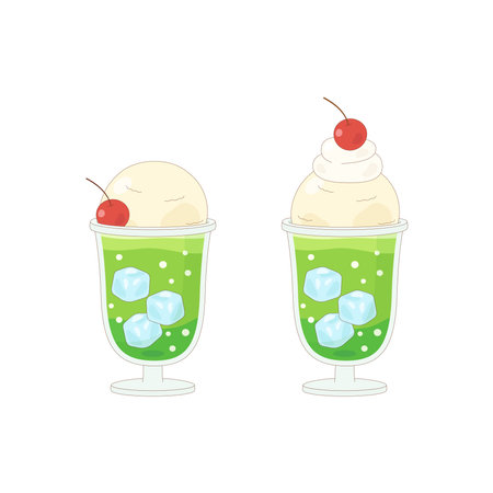 cute japanese melon soda drink served with ice cream and cherry, vector illustrationのイラスト素材