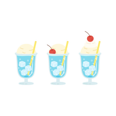 three types of blue hawii soda served with ice cream and cherry, vector illustrationのイラスト素材
