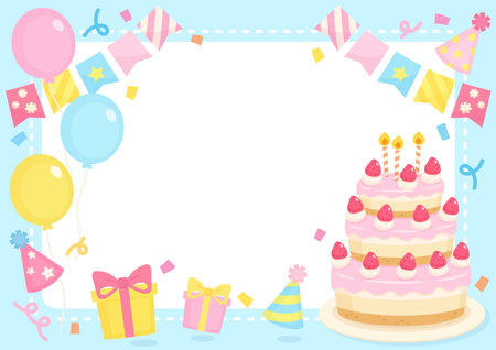 celebrating birthday party with cake balloon and gift theme frame, vector illustrationのイラスト素材