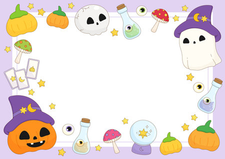 spooky yet cute of celebrating party for halloween season theme frame, vector illustrationのイラスト素材