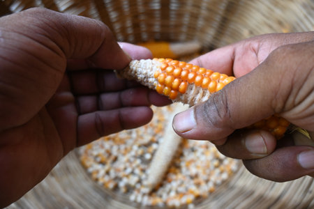 Separating corn seeds from corn cobs. Removing the yellow kernels of corn from a cob. Corn Maize is a popular food of all over world. This is a complete food for humans.の写真素材