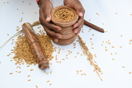 Pounding paddy with wooden mortar and pestle. Traditional method of food preparation. In the olden days, when there were no machines, the Pounding of grains was done using this.の写真素材
