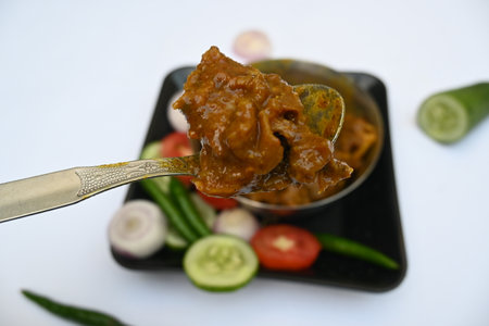 Indian Goat mutton curry in traditional style. Mutton Curry are delicious Indian mutton dishes. spicy mutton curry in Indian home. Delicious Goat meat.の写真素材