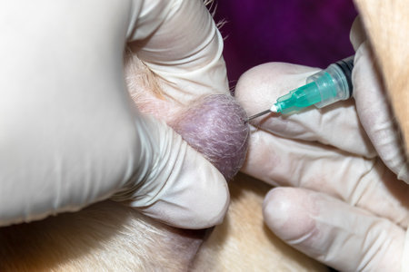 A veterinarian taking a biopsy of a tumor under a Labrador puppy's tailの写真素材