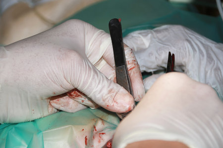 A Veterinary Surgeon removes a tumor from under the tail of a Labrador Retiever puppy