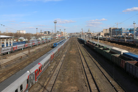 top view of the railway with trainsのeditorial素材