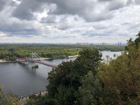 Aerial view of the bridge over the Dnieper river in Kiev, Ukraineの写真素材