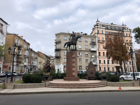 Monument to a horse and a man on the streetの写真素材