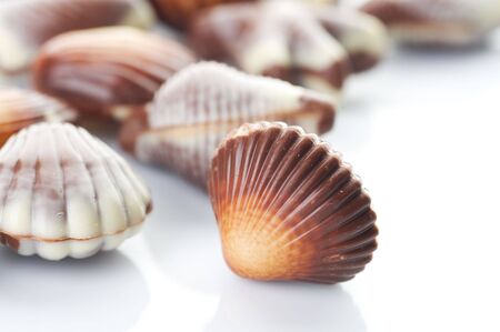 Swiss Chocolate Seashells isolated on whiteの写真素材