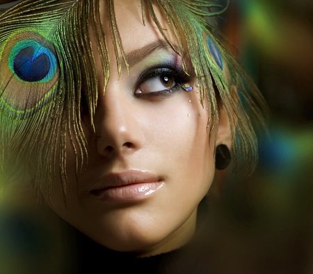 Beautiful Fashion Girl face.Peacock Makeupの写真素材