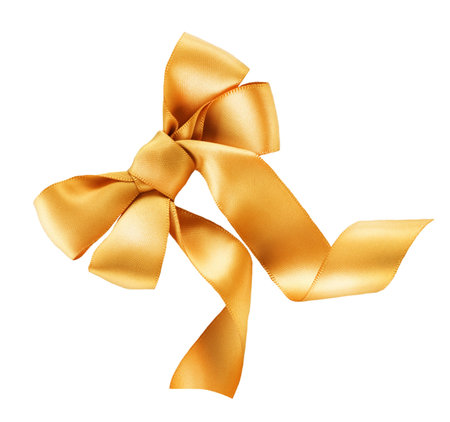 Bow. Golden satin gift bow. Ribbon. Isolated on white の写真素材