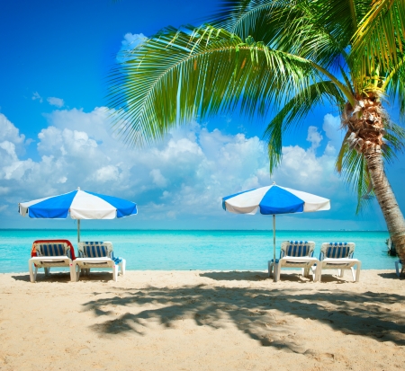 Vacation and Tourism concept  Sunbeds on the paradise beach の写真素材