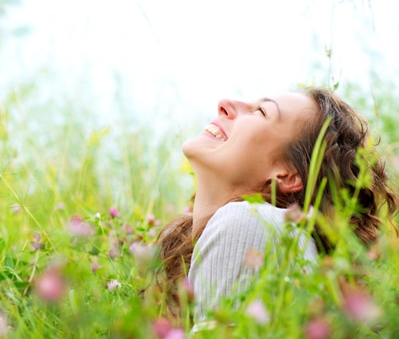 Beautiful Young Woman Outdoors  Enjoy Nature  Meadowの写真素材