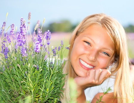 Beautiful Girl in Lavender Fieldの写真素材