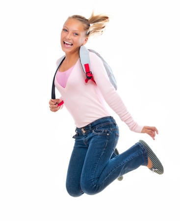 Back To School  Happy and Smiling High School Student Jumpingの写真素材
