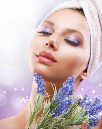 Spa Girl with Lavender Flowers  Organic Cosmeticsの写真素材