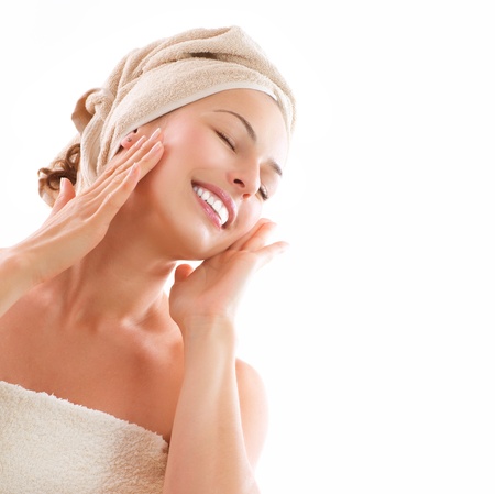Beautiful Girl After Bath Touching Her Face  Skincareの写真素材