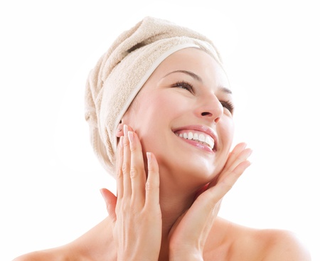 Beautiful Girl After Bath Touching Her Face  Skincareの写真素材
