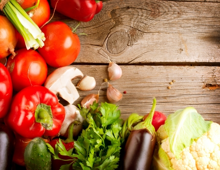 Healthy Organic Vegetables on a Wood Background の写真素材