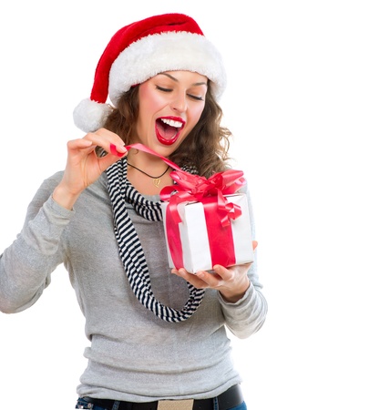 Beautiful Young Woman Opening Christmas Gift Box  Surprised Girl の写真素材