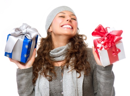 Happy Young Woman With Christmas Gifts  Gift Boxの写真素材