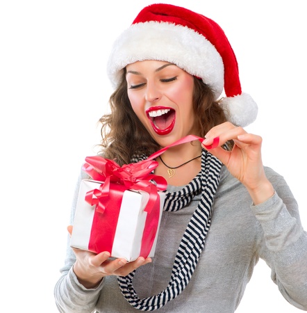 Beautiful Young Woman Opening Christmas Gift Box  Surprised Girl の写真素材