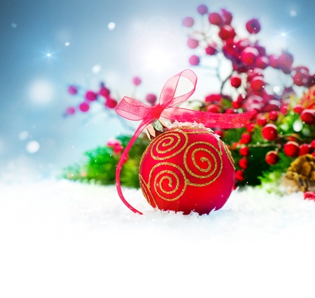 Christmas Holiday Background with Decorations and Snowflakes の写真素材