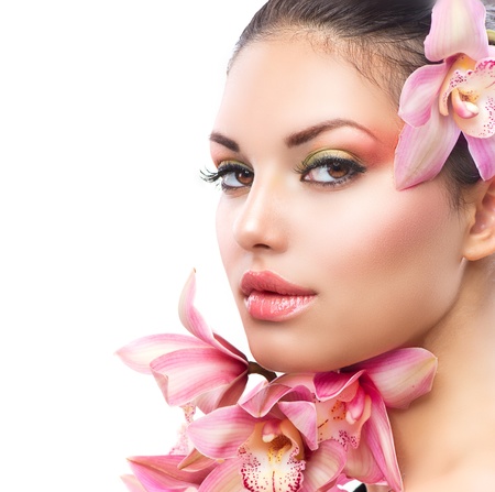 Beautiful Girl With Orchid Flowers  Beauty Woman Faceの写真素材