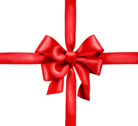 Red satin gift bow  Ribbon  Isolated on whiteの写真素材