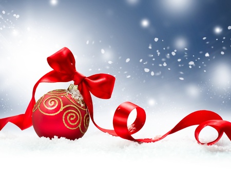 Christmas Holiday Background with Red Bauble and Snow の写真素材