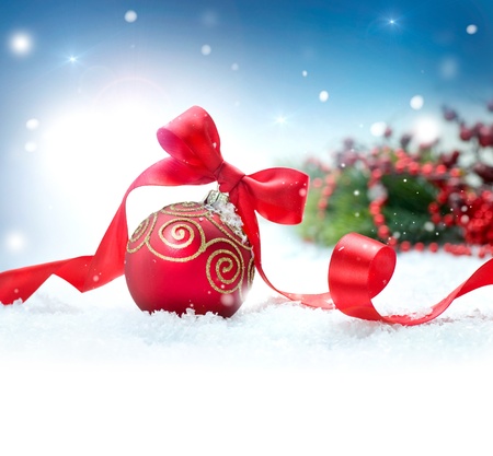 Christmas Holiday Background with Decorations and Snowflakes の写真素材