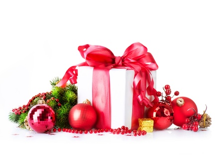 Christmas Gift Box and Decorations isolated on White の写真素材