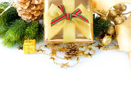 Christmas Gift Box and Decorations isolated on White Background の写真素材