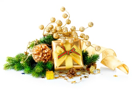 Christmas Gift Box and Decorations isolated on White Background の写真素材