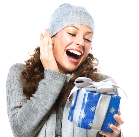 Happy Young Woman With Christmas Gift Box の写真素材
