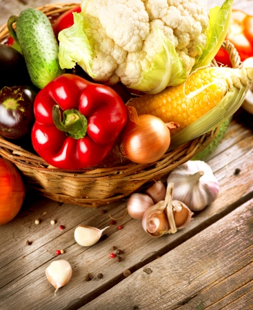 Healthy Organic Vegetables on the Wooden Background の写真素材