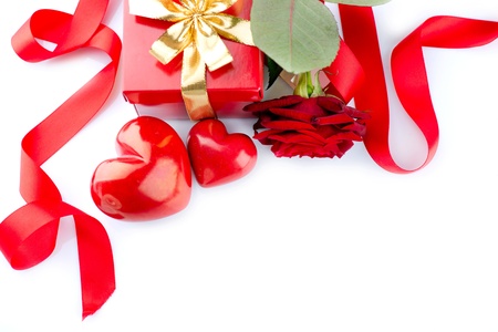 Valentines Hearts, Rose Flower and Gift Box isolated on white の写真素材