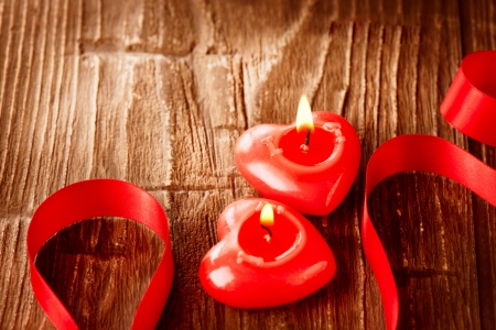 Valentines Hearts Candles over Wood  Valentine s Day の写真素材